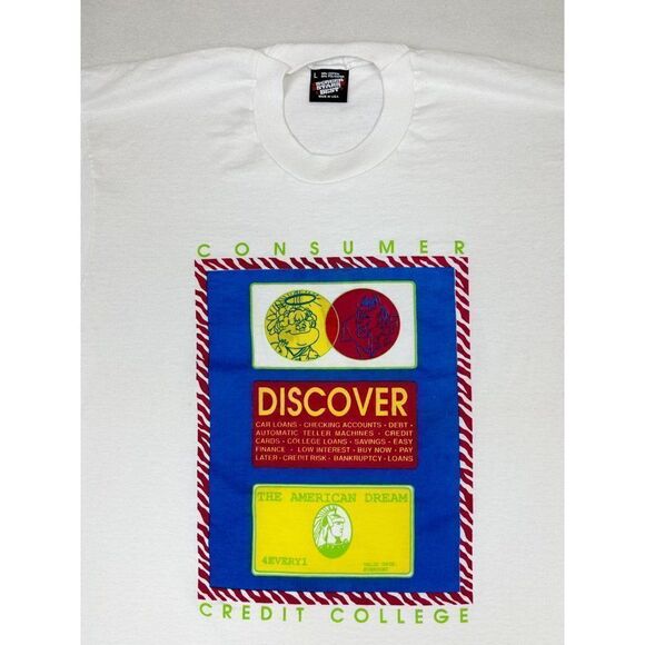 Vintage 90s Consumer Credit College T-Shirt Large White Money Single Stitch - Picture 7 of 10